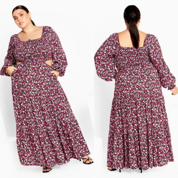 City Chic Dresses & Skirts - NWT City Chic Floral Smocked Cut-Out Long Sleeve Maxi Dress 18